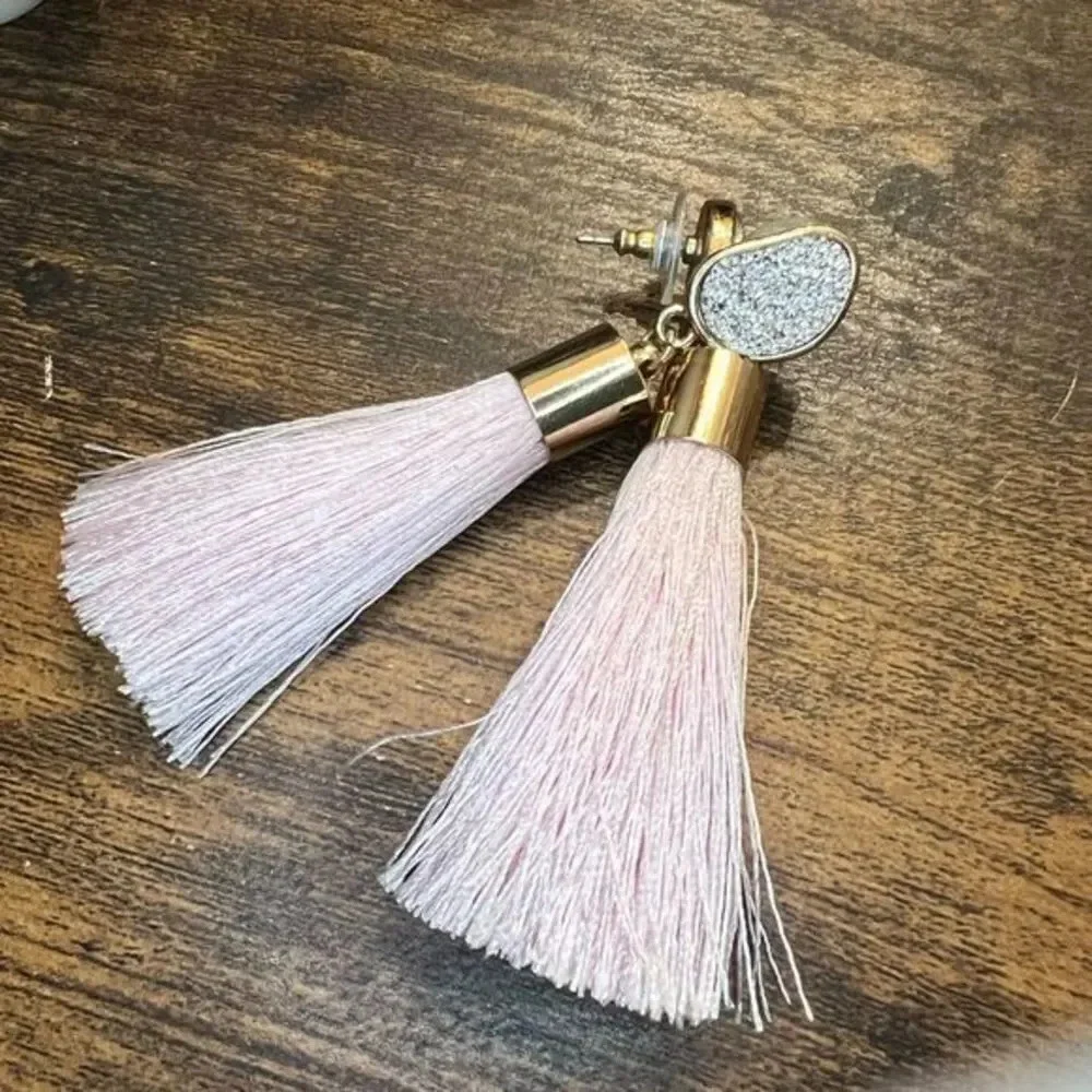 Rhinestone and Pink Tassel Dangle Earrings